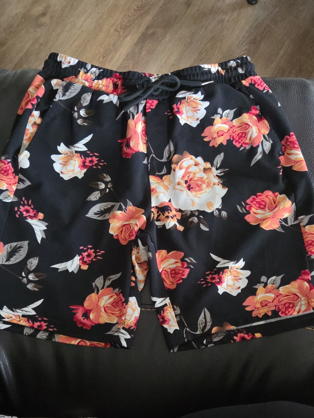 Floral Drawstring men’s Shorts - Black with Peach & Pink Roses